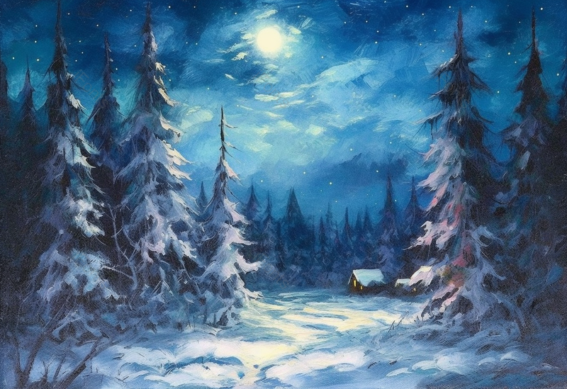 冬天的夜晚晚上天空满月圆月月亮照射在白雪覆盖的森林松树上背景插画,插画/手绘图,插画/手绘图库,插画/手绘图下载,插画/手绘